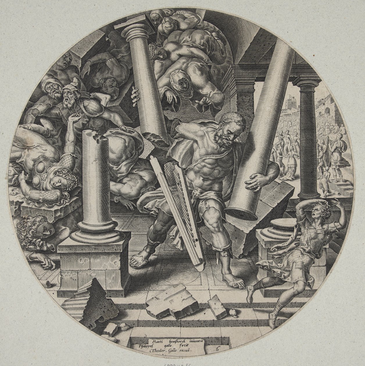 Sansón destruyendo el templo de los filisteos de Philips Galle