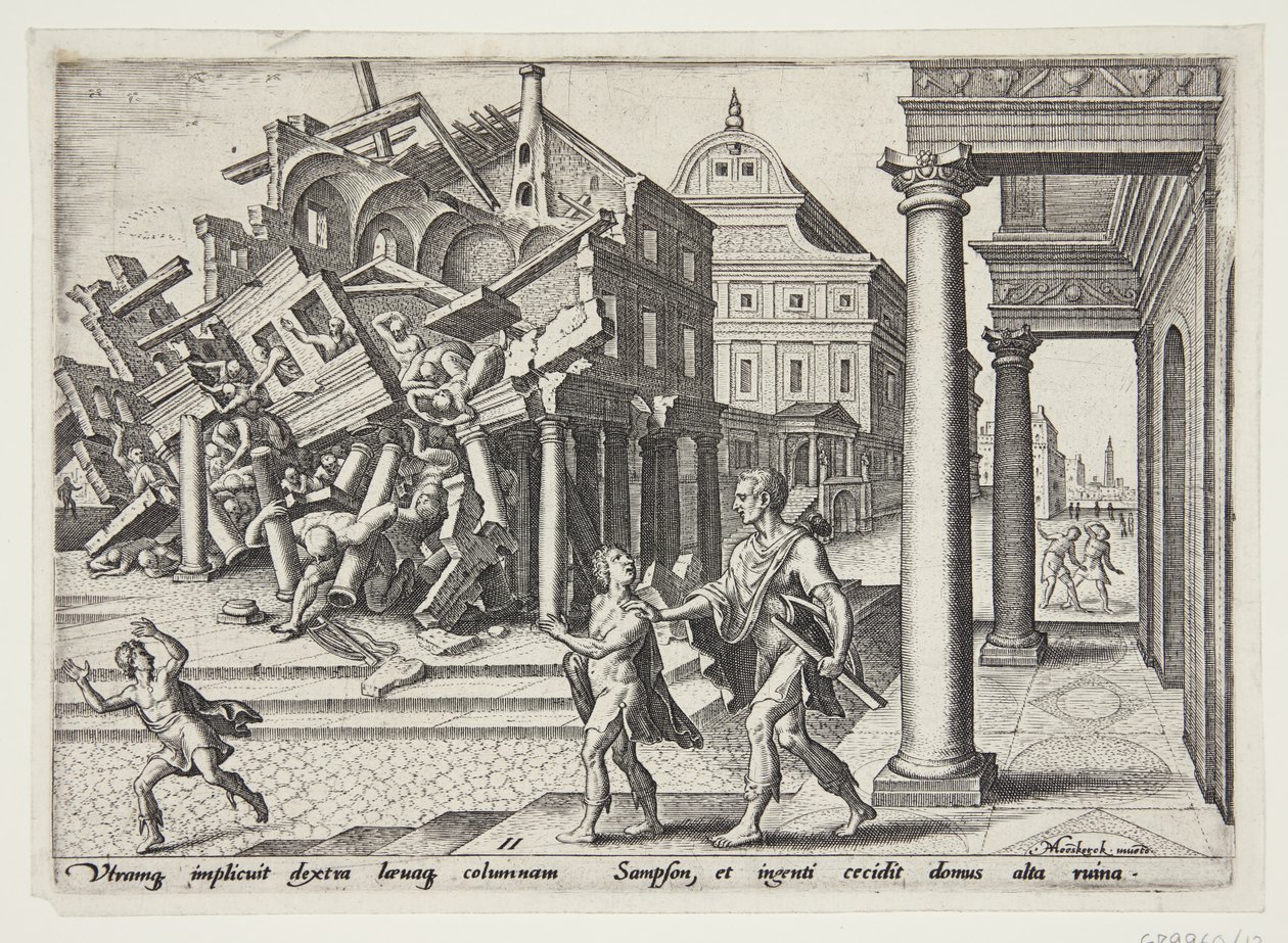 Sansón liberado de la prisión y destruyendo el templo de los filisteos de Philips Galle