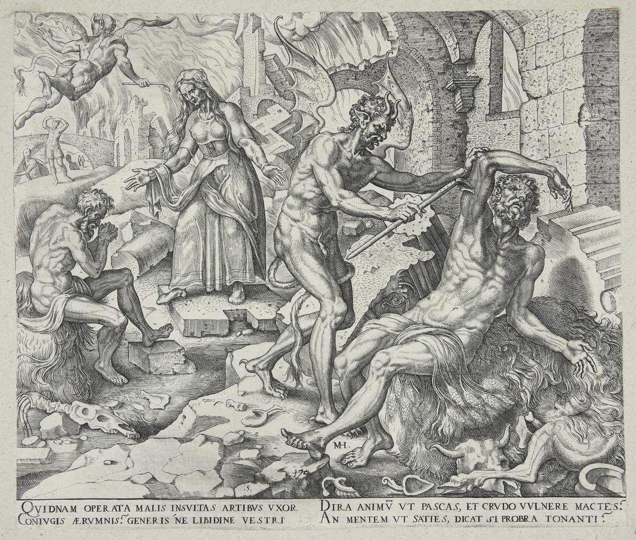 Satanás golpeando a Job con sus llagas de Philips Galle