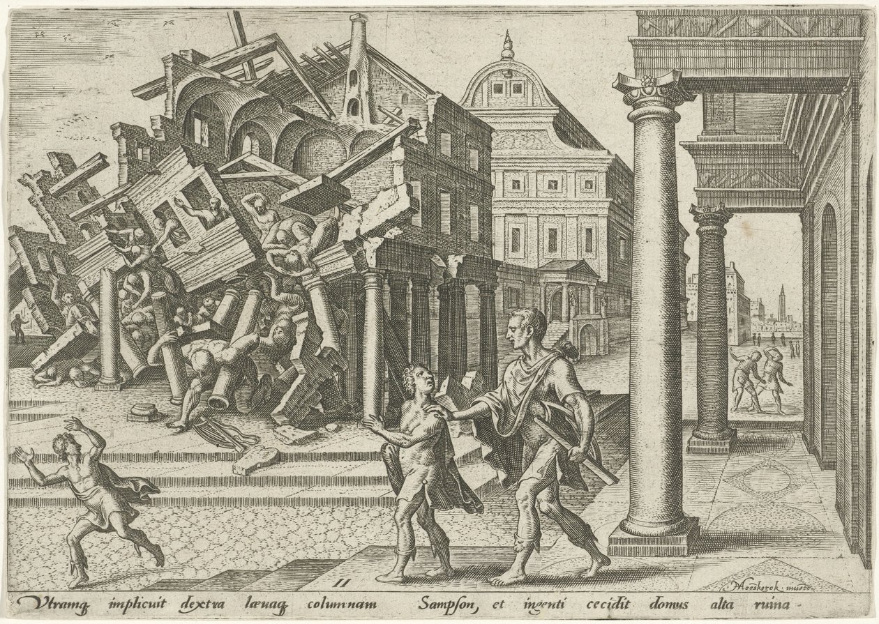 Sansón destruye el templo de los filisteos Los días de la perdición del pueblo judío (título de la serie) de Philips Galle