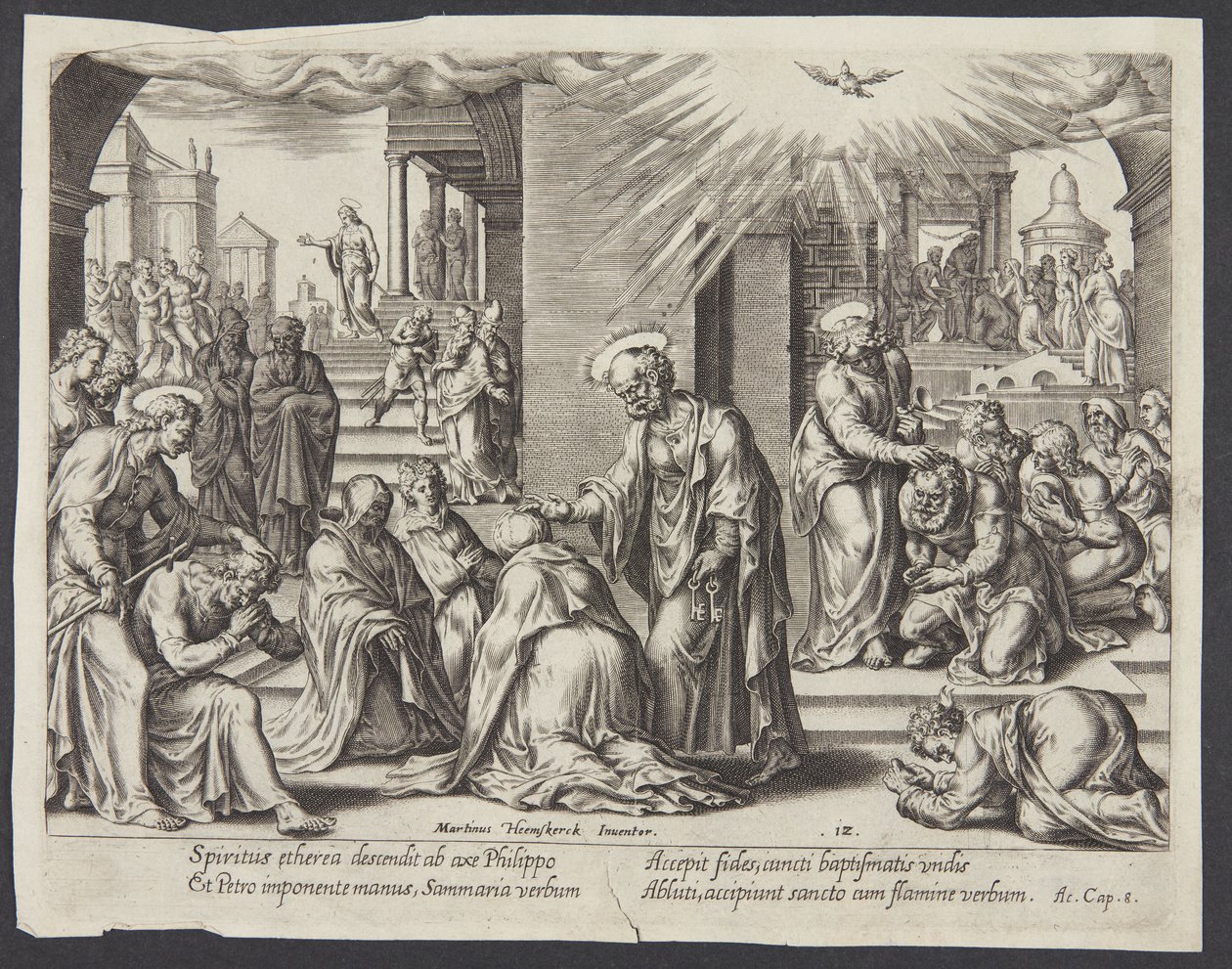 San Pedro, San Juan y San Felipe imponiendo las manos a los bautizados en Samaria de Philips Galle