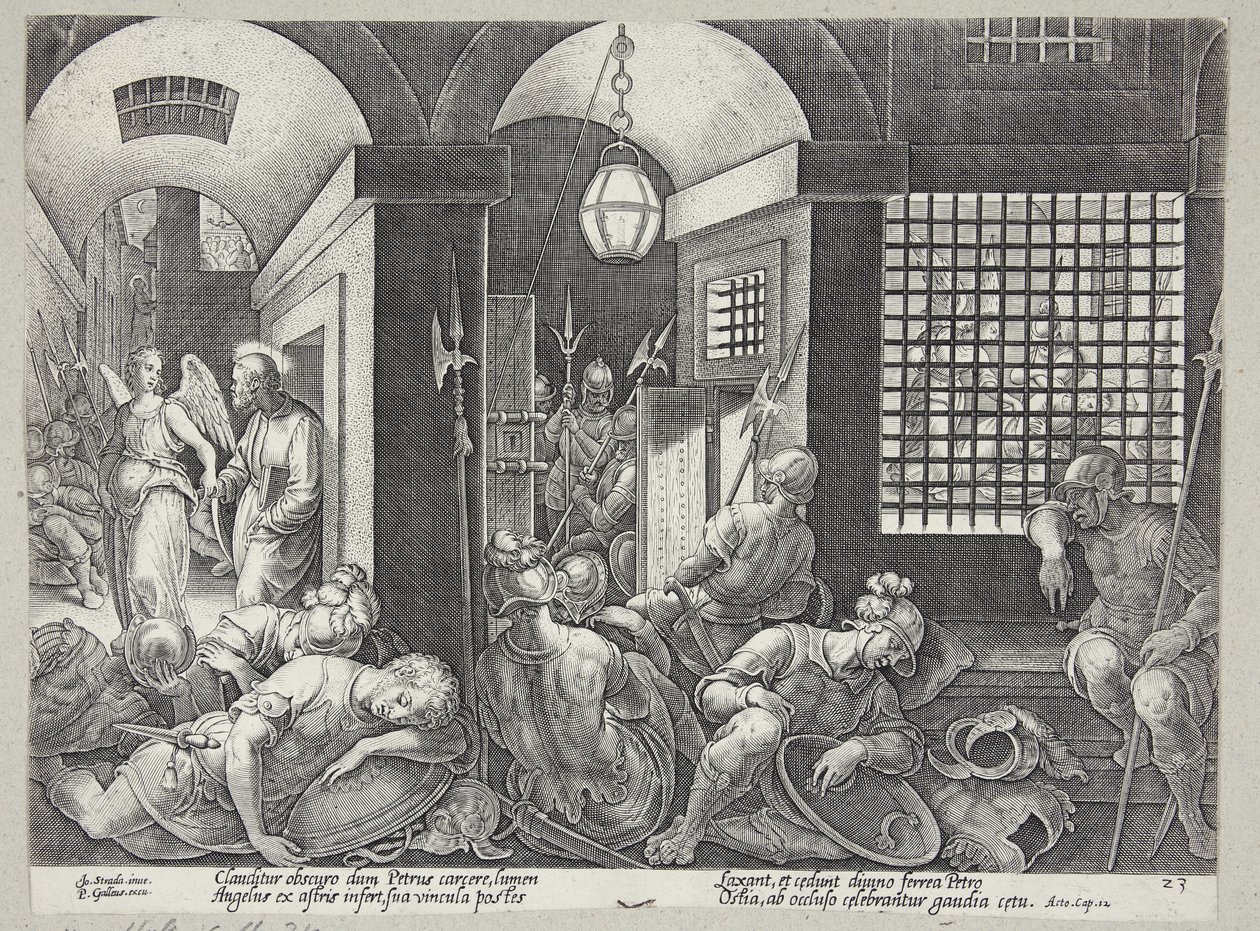 San Pedro liberado de la prisión por el ángel de Philips Galle