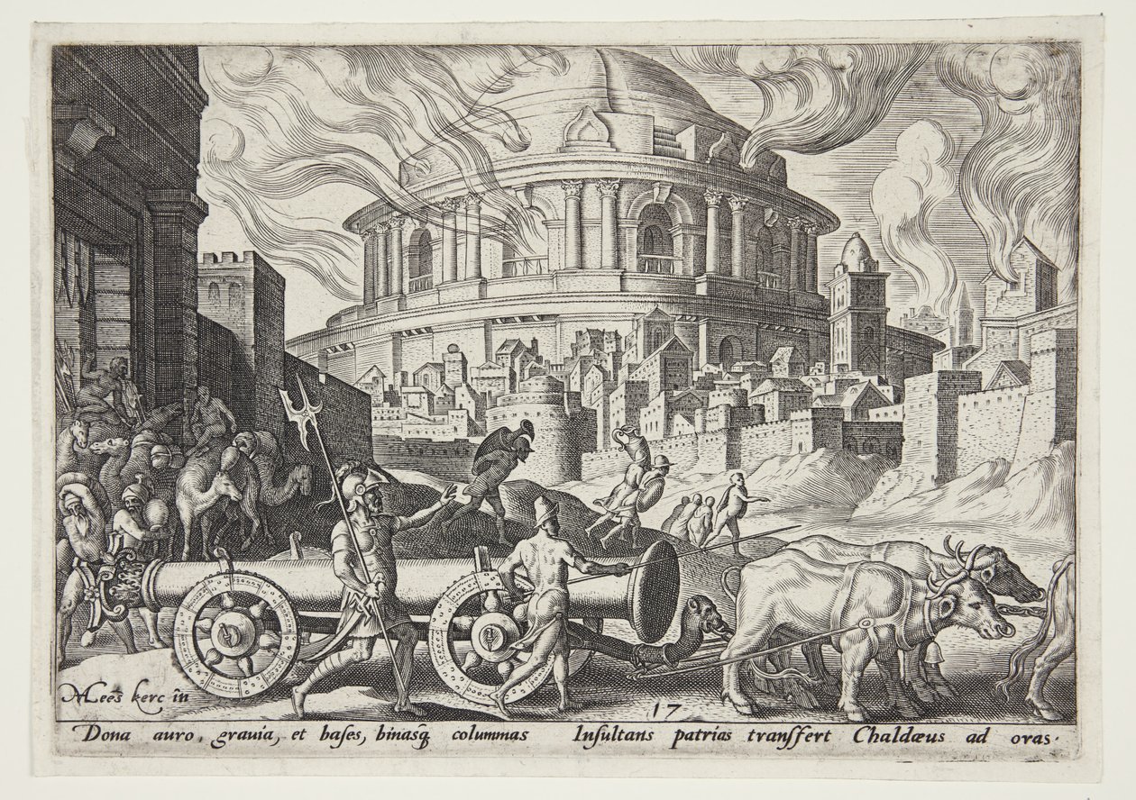 Los caldeos llevándose los pilares del templo de Jerusalén de Philips Galle