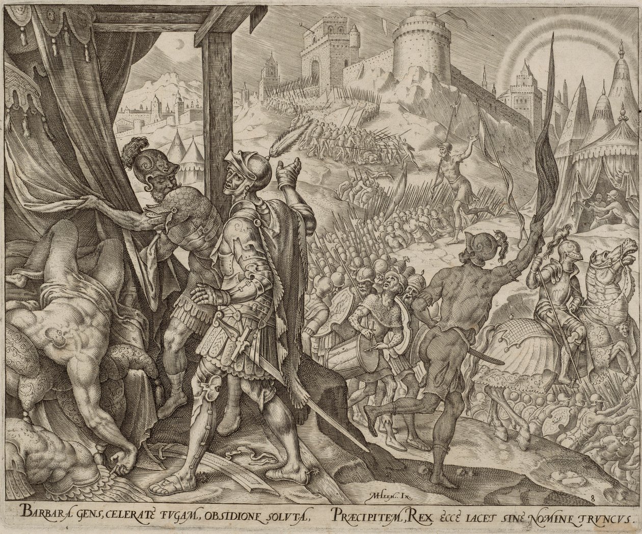 El descubrimiento del cadáver de Holofernes, lámina ocho de La historia de Judith y Holofernes. de Philips Galle