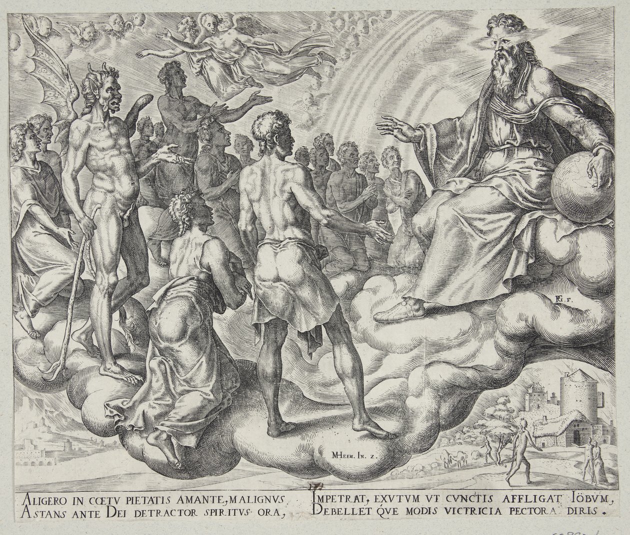 Los hijos de Dios, Satanás entre ellos, se presentan ante el Señor de Philips Galle