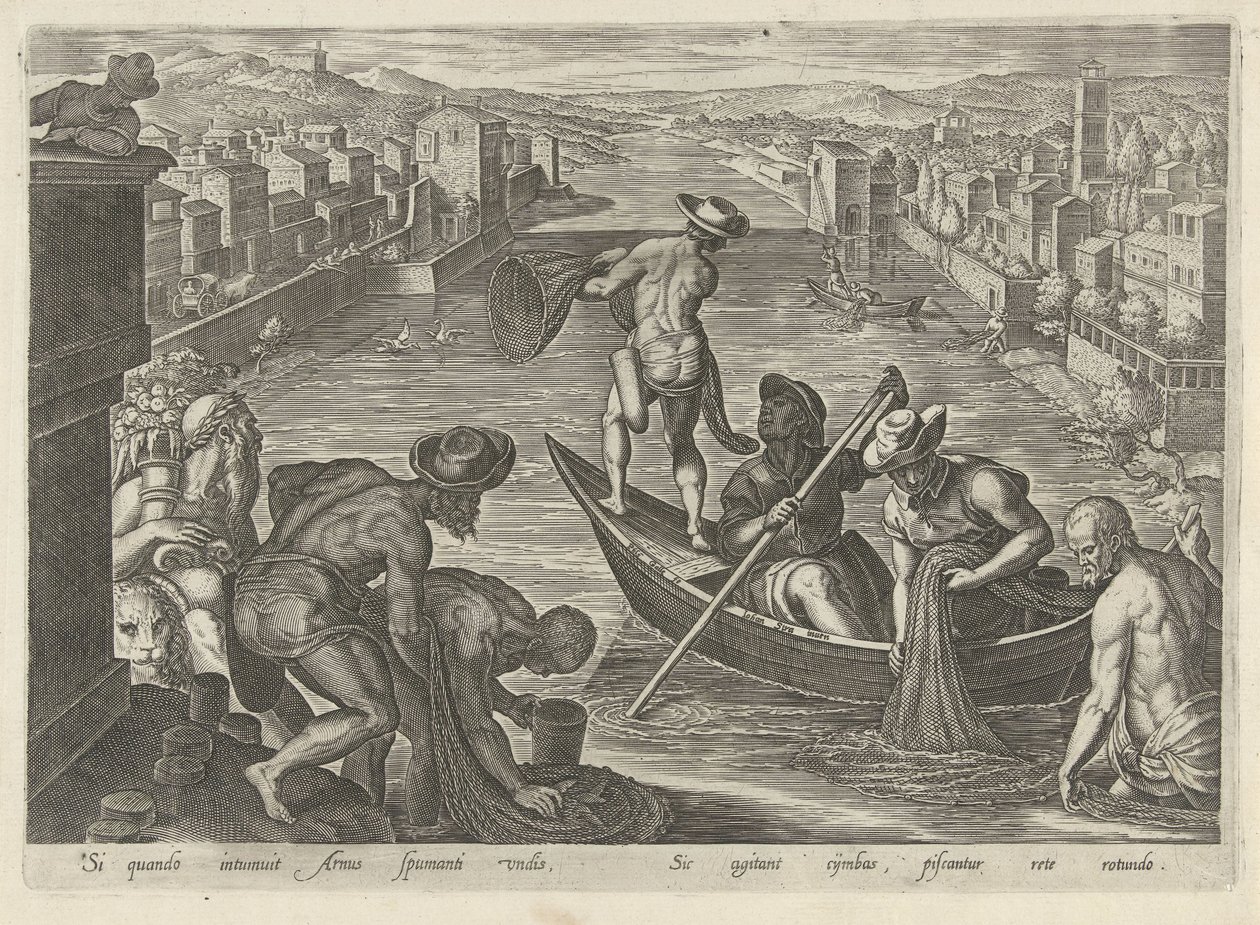 Visvangst conoció a la red Jachttaferelen (título de la serie) En el que todo tipo de caza, caza de aves y pesca (título de la serie) de Philips Galle