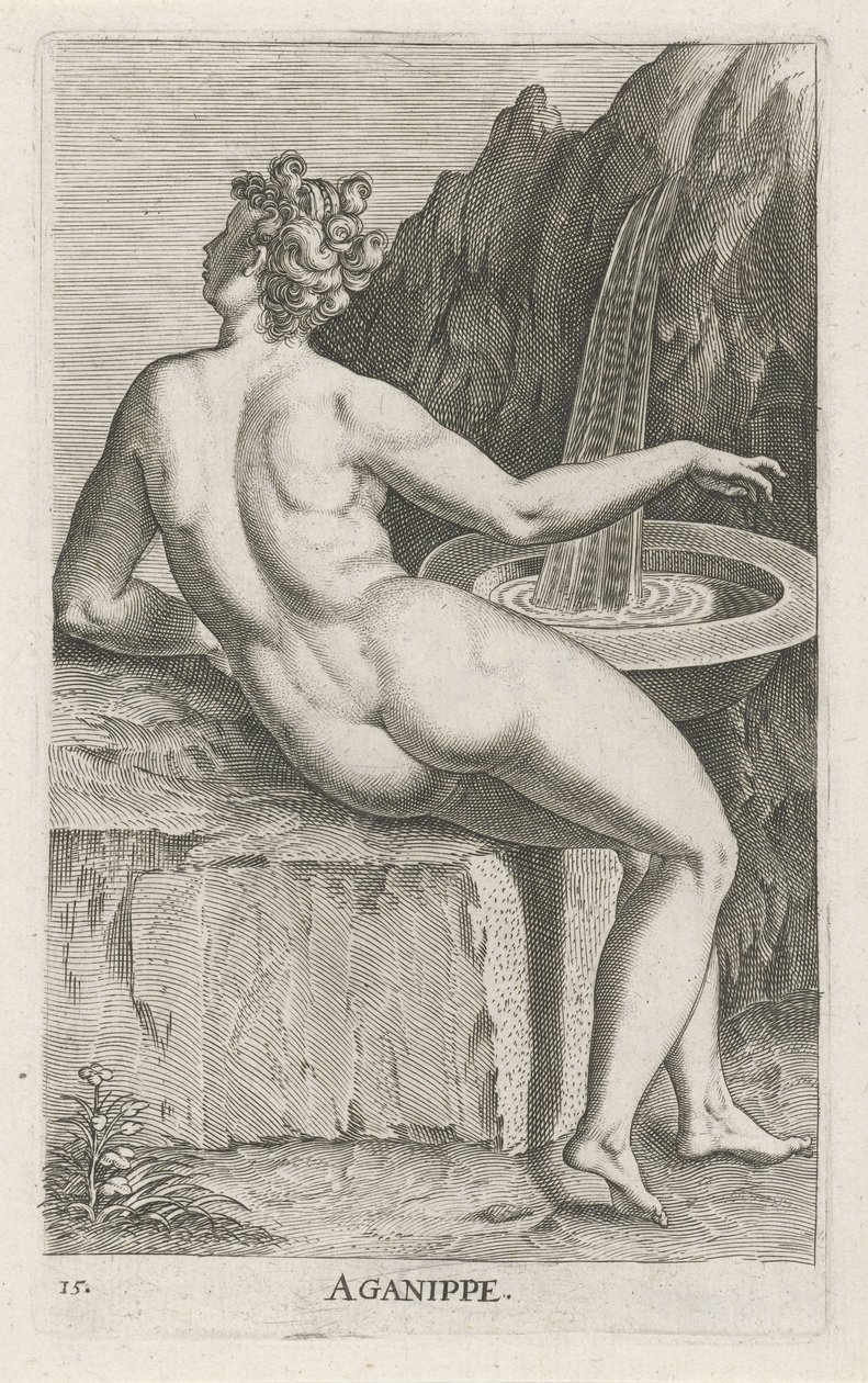 Waternimf Aganippe Aganippe (título sobre objeto) Stroom- una ninfa de agua (título de la serie) Nympharum oceanitidum, Ephydridum potamidum naiadum (título de la serie) de Philips Galle