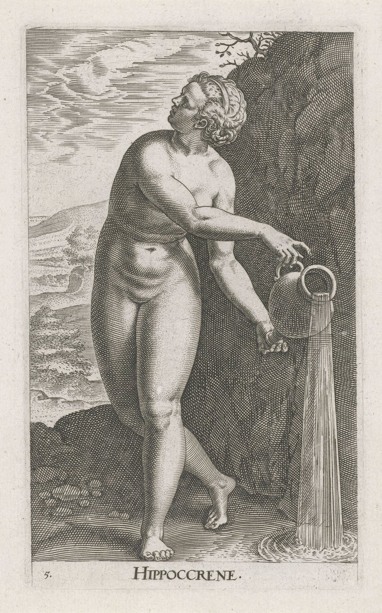 Waternimf hipocreno Hippocrene (título sobre el objeto) Stroom- una ninfa de agua (título de la serie) Nympharum oceanitidum, Ephydridum potamidum naiadum (título de la serie) de Philips Galle