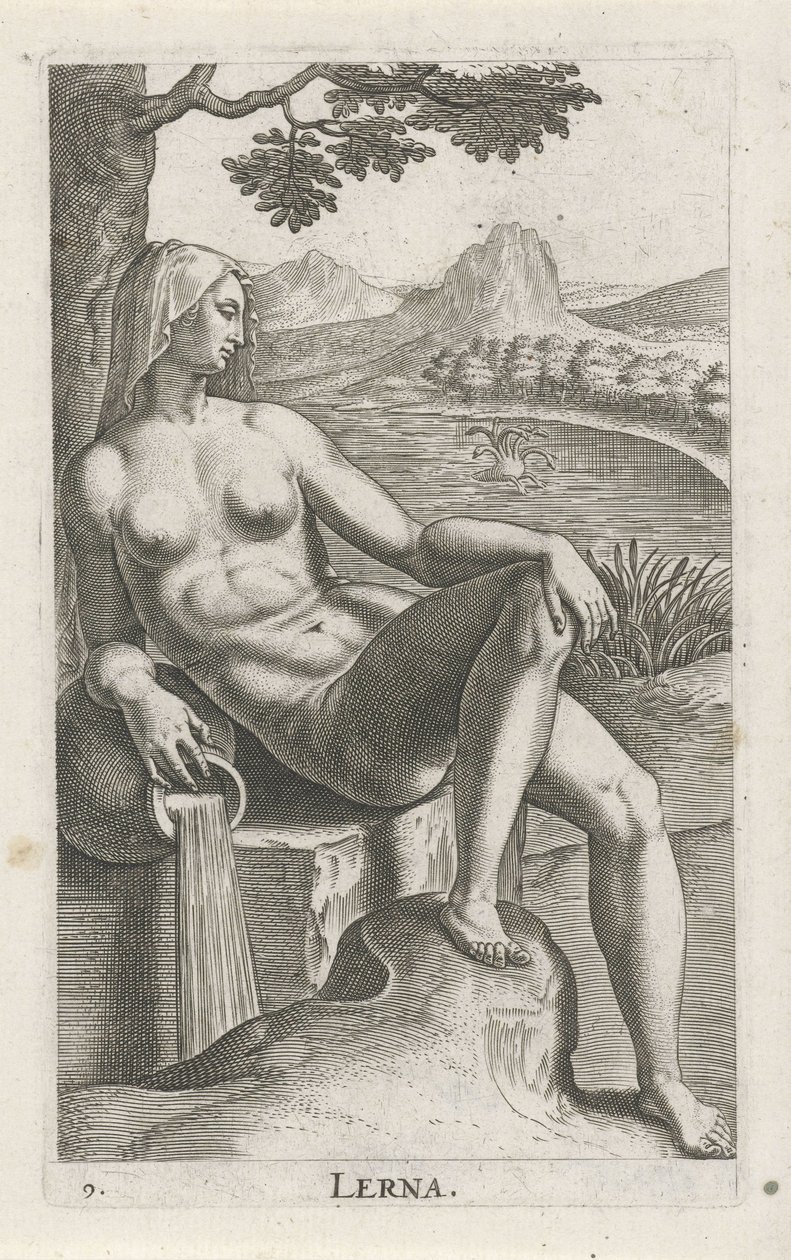 aguanimf lerna Lerna (título sobre objeto) Stroom- una ninfa de agua (título de la serie) Nympharum oceanitidum, Ephydridum potamidum naiadum (título de la serie) de Philips Galle