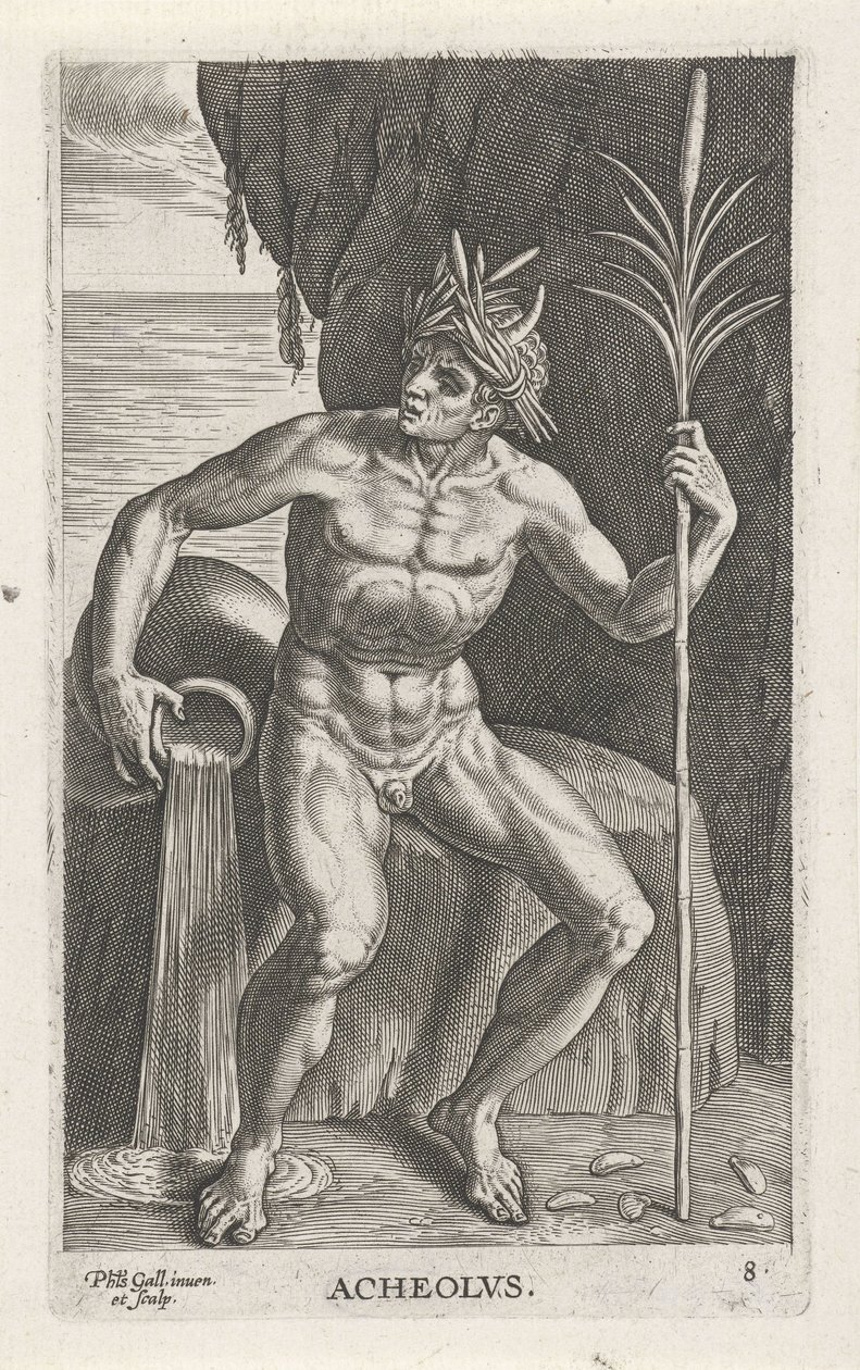 Zeegod Achelous Acheolvs (título sobre objeto) Rivier- en zeegoden (título de la serie) Elegantes retratos de los semidioses marinos y los leones marinos (título de la serie) de Philips Galle