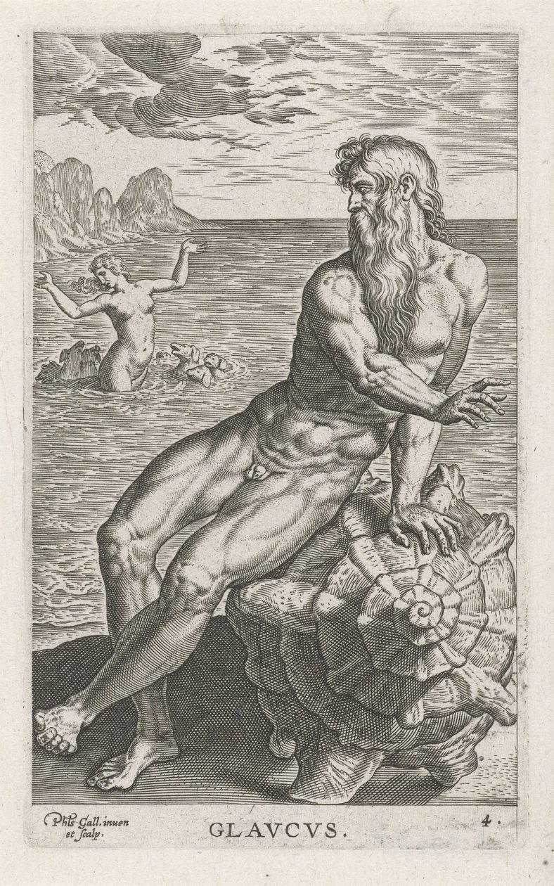 Zeegod Glauco Glavcvs (título sobre el objeto) Rivier-en zeegoden (título de la serie) Imágenes bellamente escritas de los semidioses de los Marini y sus amigos (título de la serie) de Philips Galle