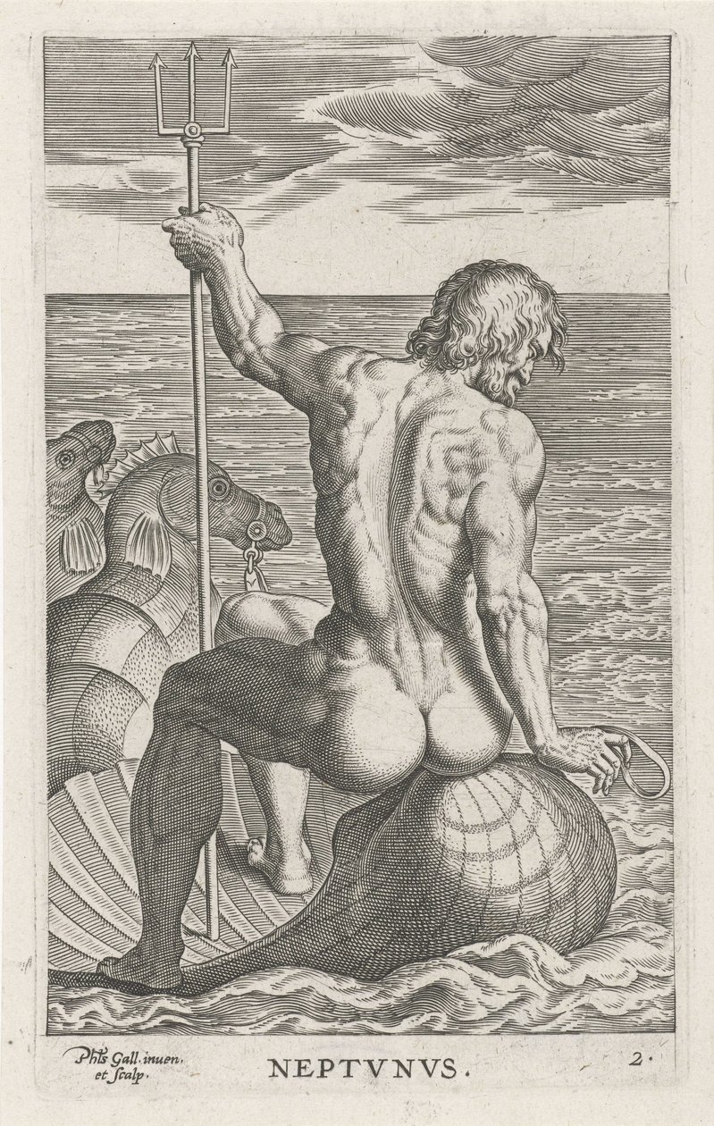 Zeegod Neptuno Neptvnvs (título sobre el objeto) Rivier-en zeegoden (título de la serie) Imágenes bellamente escritas de los semidioses de los Marini y sus amigos (título de la serie) de Philips Galle