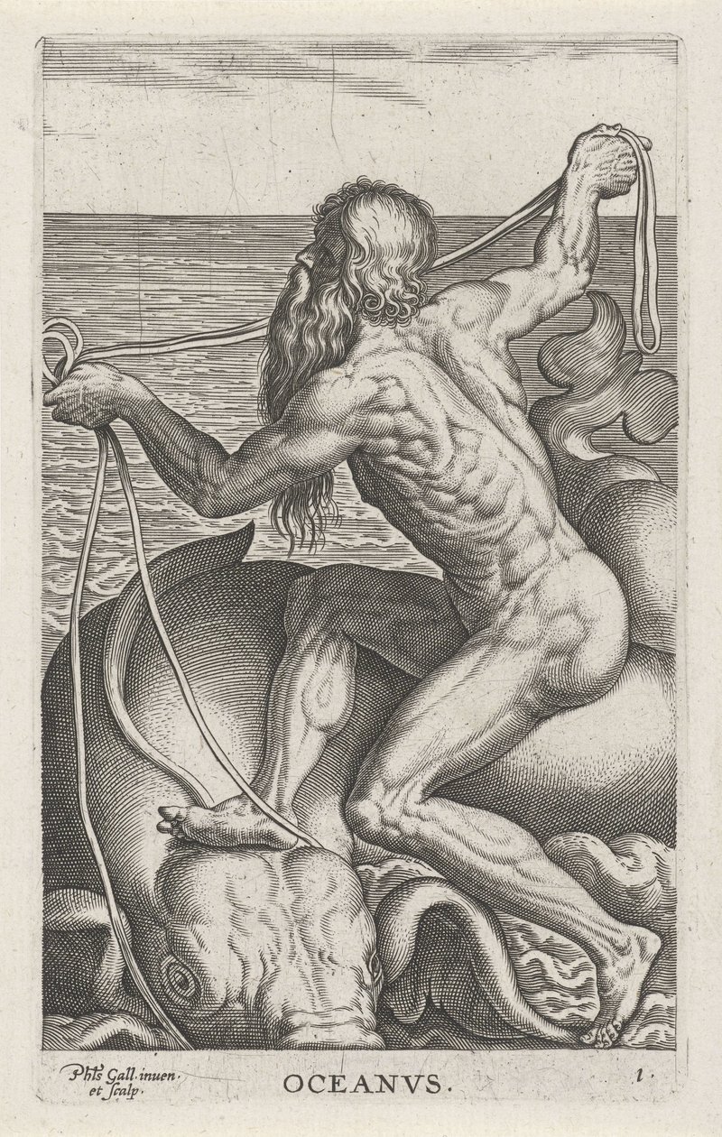 Zeegod Océano Oceanvs (título sobre el objeto) Rivier-en zeegoden (título de la serie) Imágenes bellamente escritas de los semidioses de los Marini y sus amigos (título de la serie) de Philips Galle
