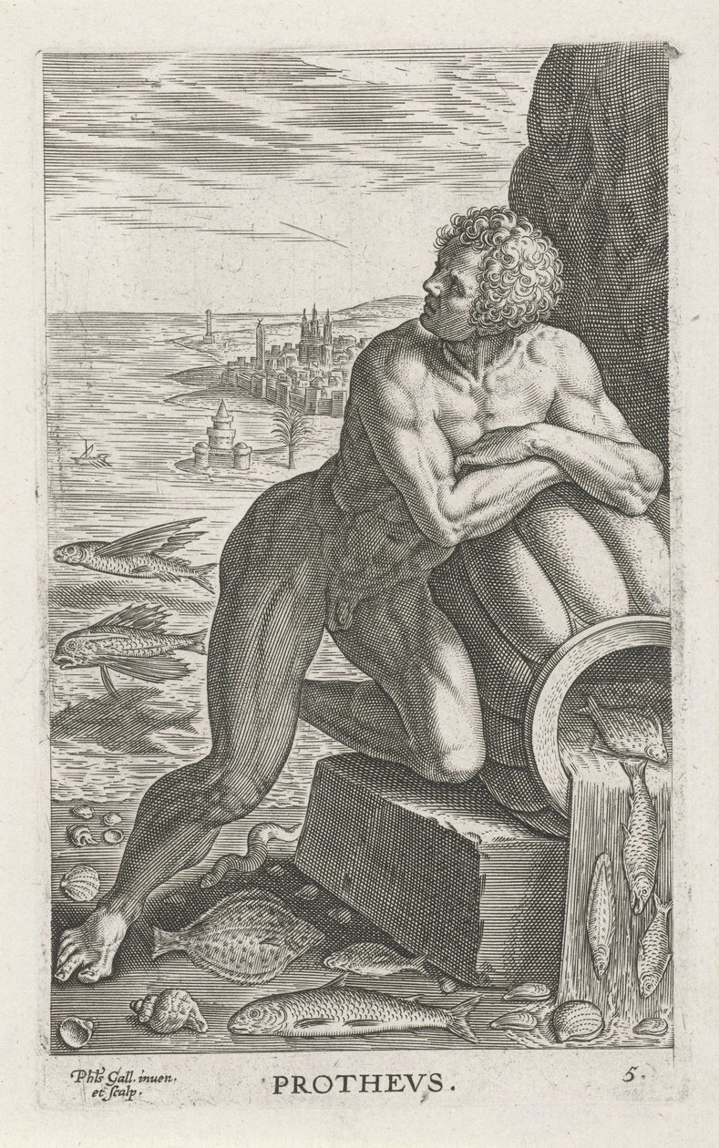 Zeegod Proteo Prothevs (título sobre el objeto) Rivier-en zeegoden (título de la serie) Imágenes bellamente escritas de los semidioses de los Marini y sus amigos (título de la serie) de Philips Galle