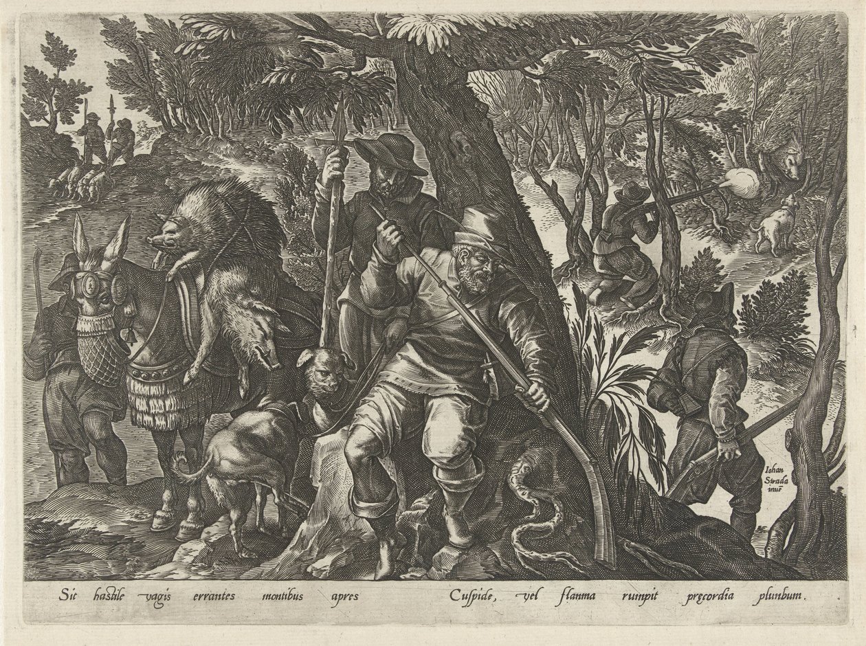 Zwijnenjacht conoció a geweren Jachttaferelen (título de la serie) En el que todo tipo de caza, caza de aves y pesca (título de la serie) de Philips Galle