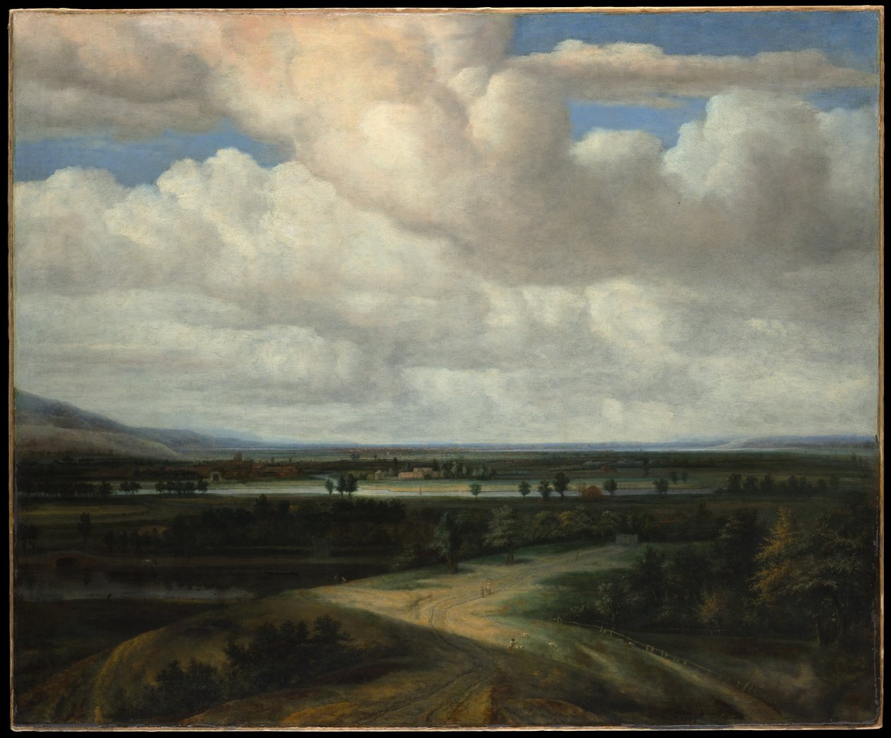 Un paisaje panorámico con una finca rural de Philips Koninck