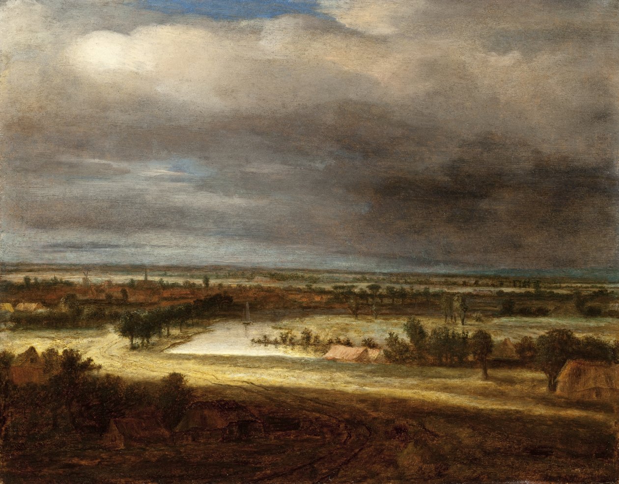Paisaje panorámico con un pueblo de Philips Koninck
