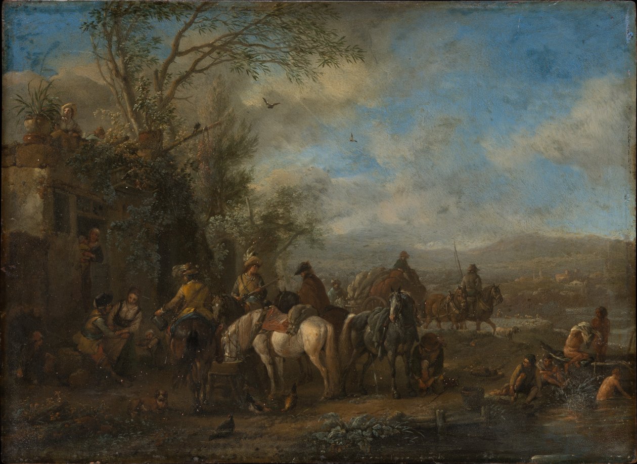 Jinetes armados frente a una posada de Philips Wouwerman