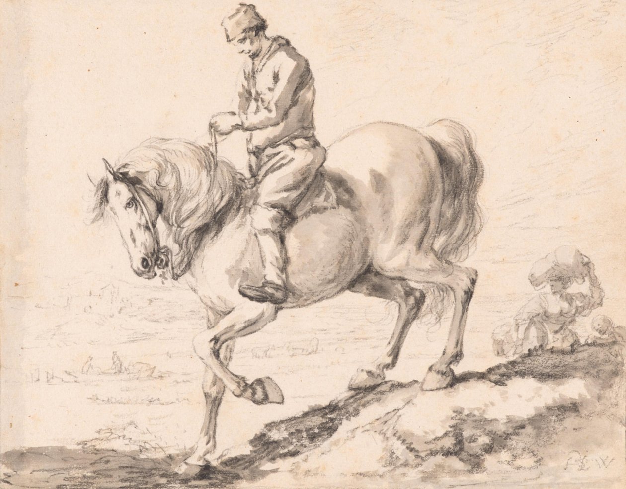 Un jinete cruza un arroyo con su caballo de Philips Wouwerman