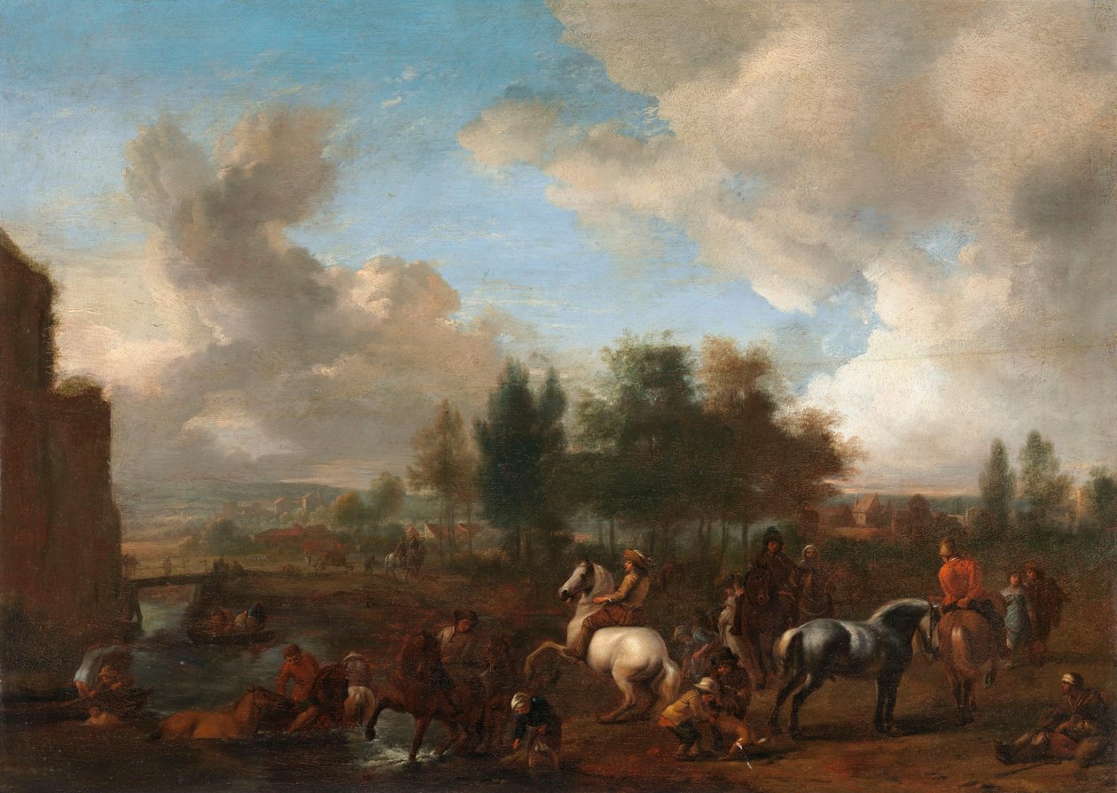 Caballos abrevando: un paisaje de Philips Wouwerman