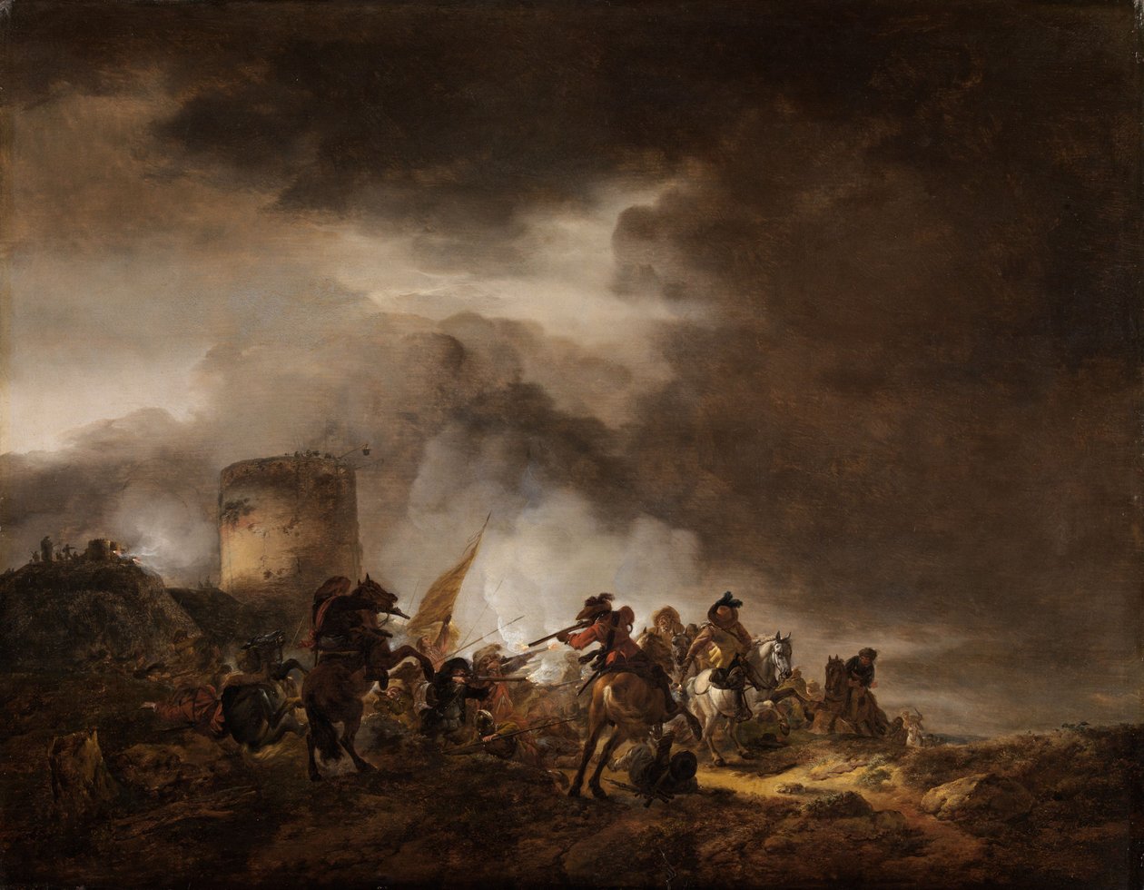 Combate entre jinetes e infantería frente a una fortificación de Philips Wouwerman