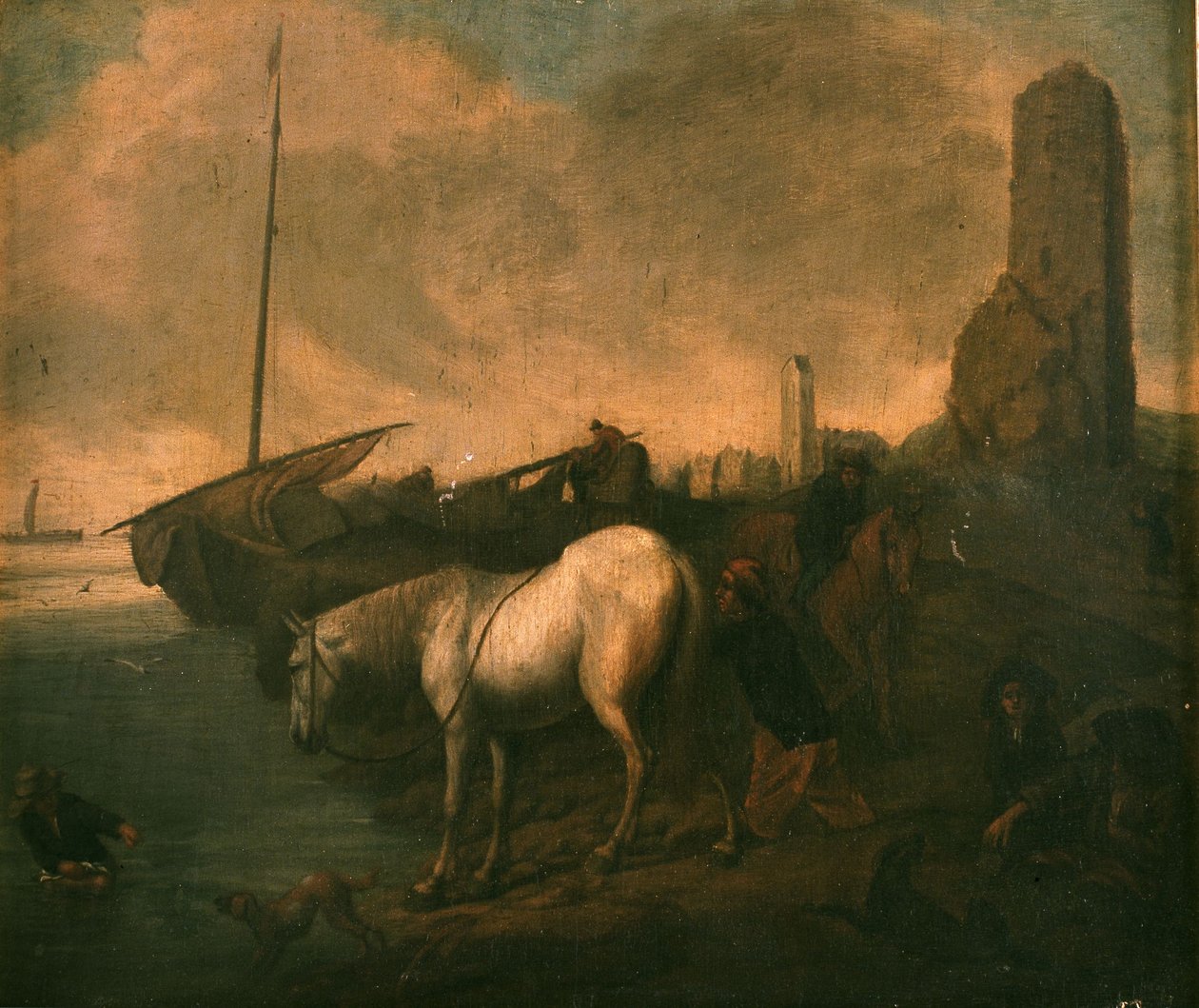 Strandung mit Pferden und Fischern de Philips Wouwerman