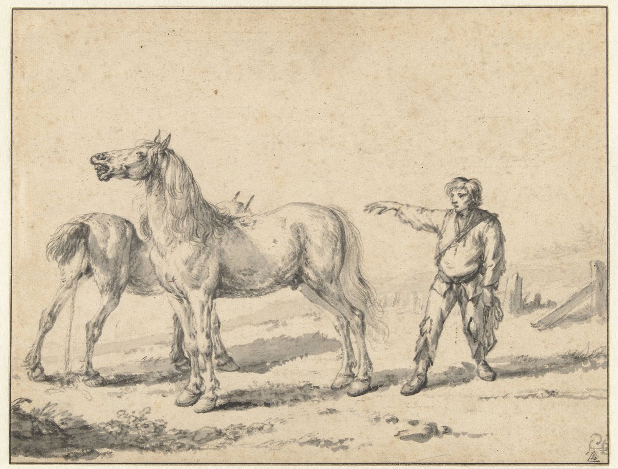 Dos caballos, uno orinando y el otro relinchando, y un hombre de pie con el brazo derecho levantado de Philips Wouwerman