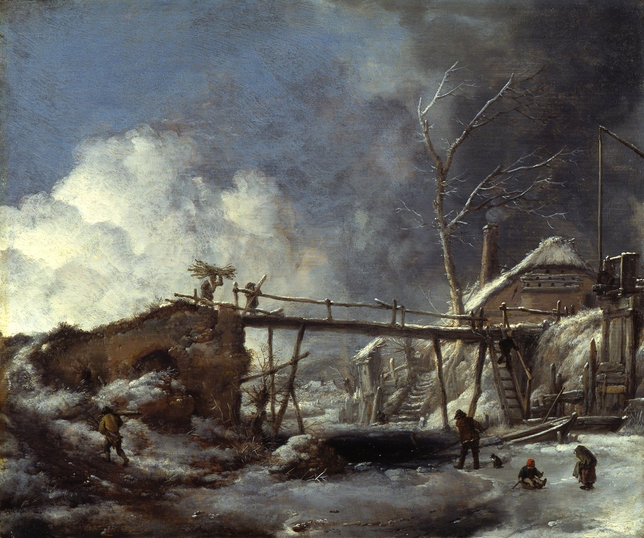 Paisaje invernal con pasarela de madera de Philips Wouwerman