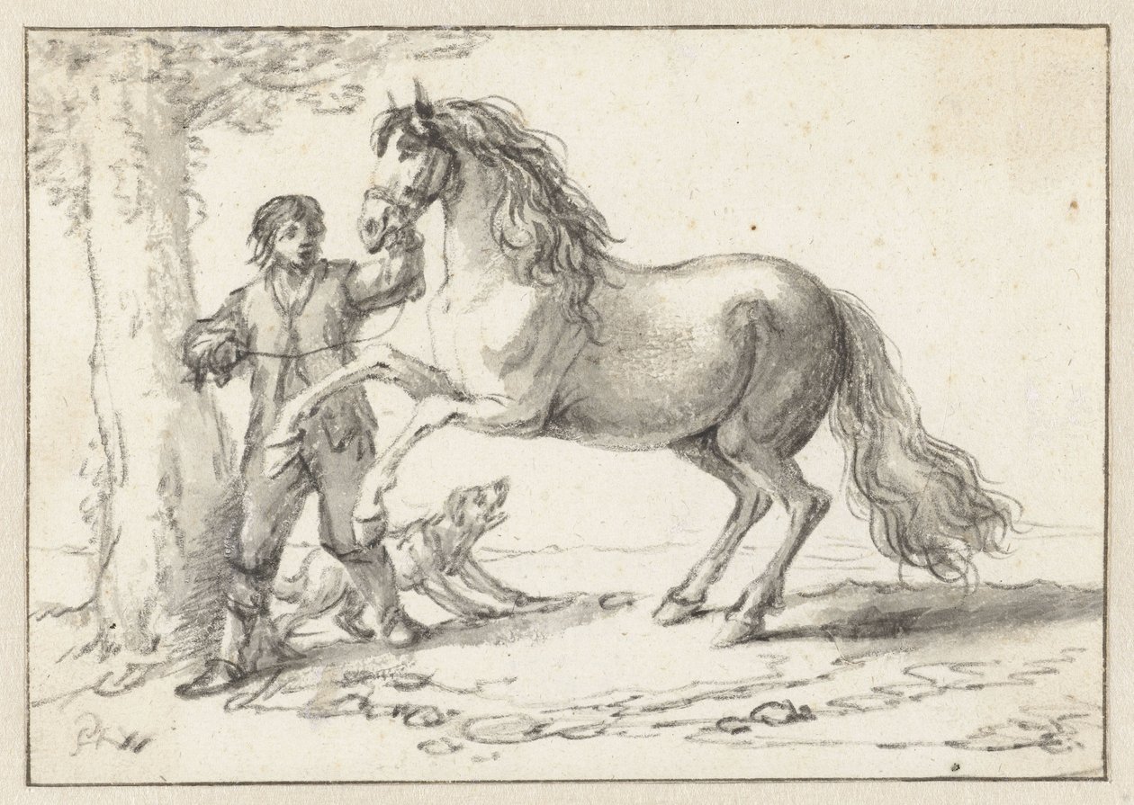 Joven sosteniendo un caballo encabritado por la brida, asustado por un perro que ladra de Philips Wouwerman