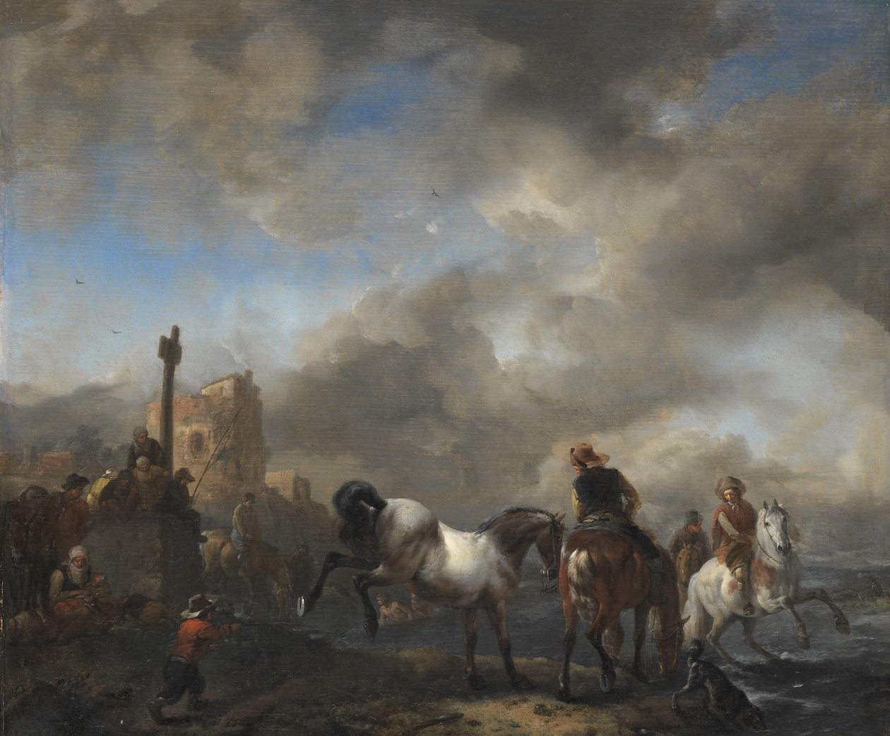 Estanque de caballos cerca de un mojón, c.1651-1654 (óleo sobre tabla) de Philips Wouwermans or Wouvermans