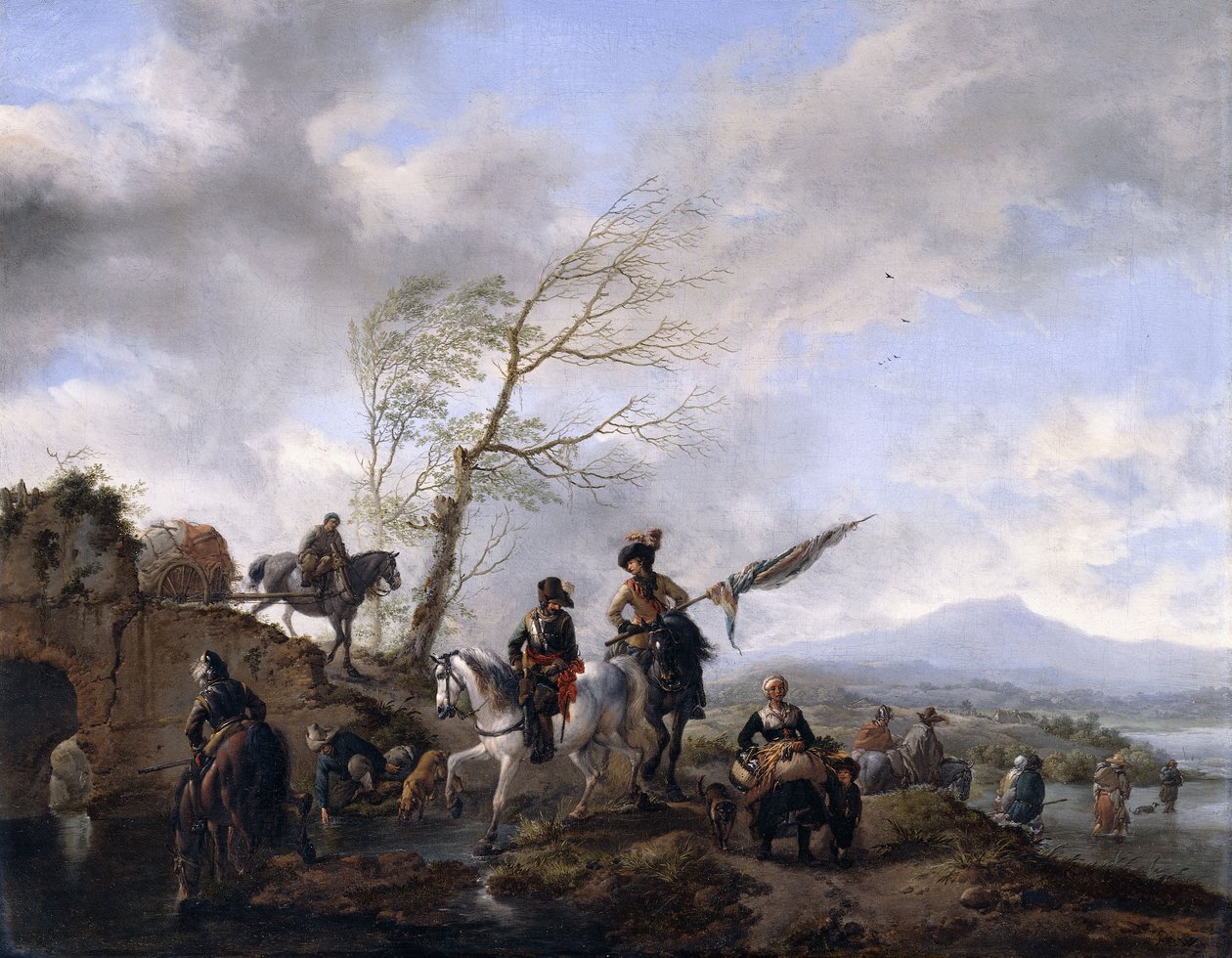 Un extenso paisaje fluvial con soldados y un abanderado abrevando sus caballos de Philips Wouwerman