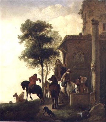 Viajeros abrevando sus caballos fuera de una posada de Philips Wouwermans or Wouwerman