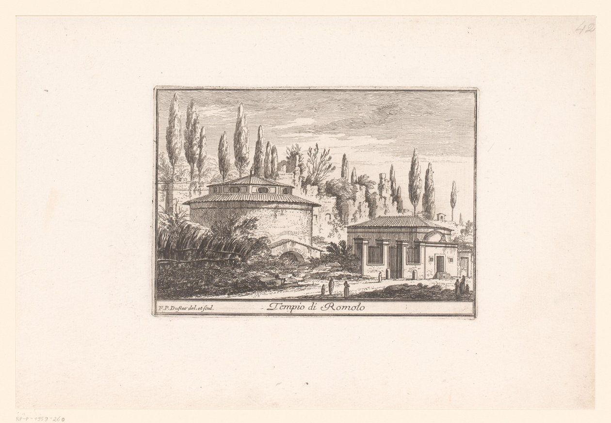 Vista del Templo de Rómulo
Tempio di Romolo (título en el objeto)
Vistas de la Roma antigua y moderna (título de la serie)
Varie Vedute di Roma Antica, e Moderna (título de la serie) de Philothée Francois Duflos