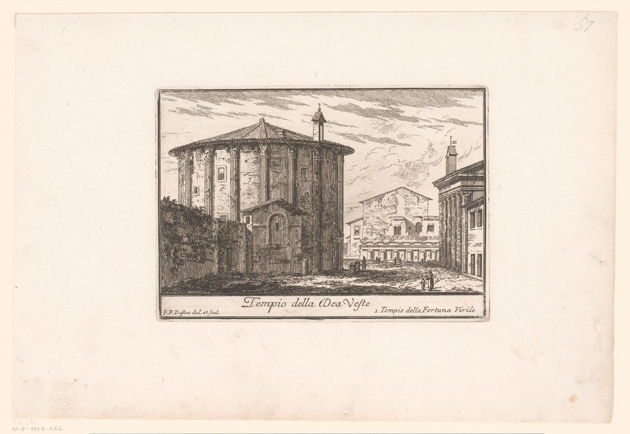 Vista del Templo de Vesta
Tempio della Dea Veste (título en el objeto)
Vistas de la Roma antigua y moderna (título de la serie)
Varie Vedute di Roma Antica, e Moderna (título de la serie) de Philothée Francois Duflos