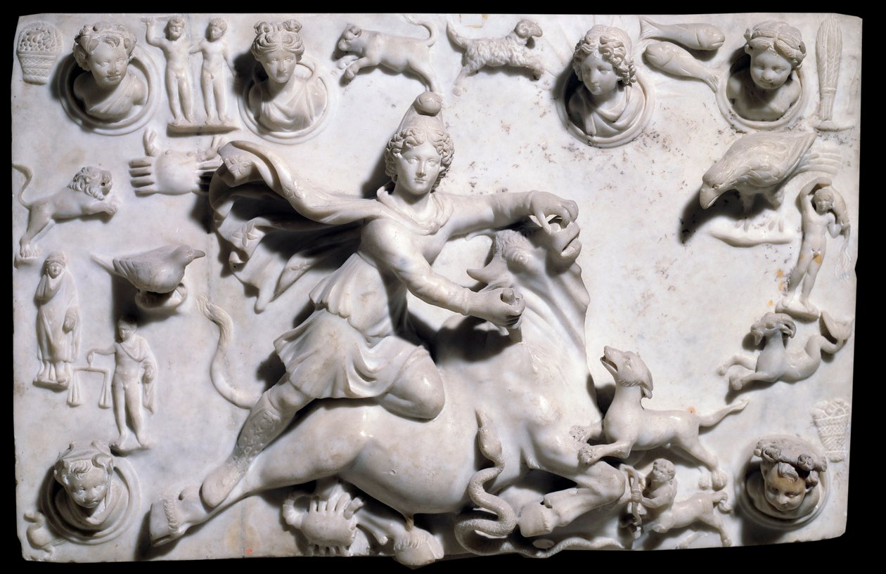 Antigüedades orientales: Mitra matando al toro. Bajo relieve de mármol del Mithraeum de Sidón de Phoenician Phoenician