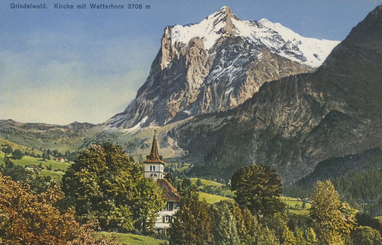 Iglesia de Grindelwald y Wetterhorn, Suiza (foto en color) de Photographer Swiss