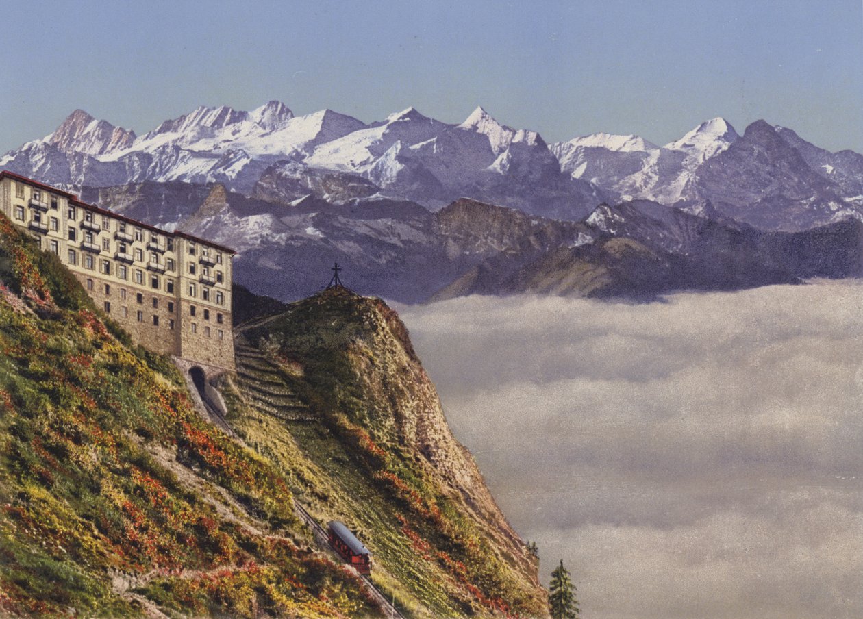 Teleférico y hotel Stanserhorn 1900m con los Alpes berneses (foto en color) de Photographer Swiss
