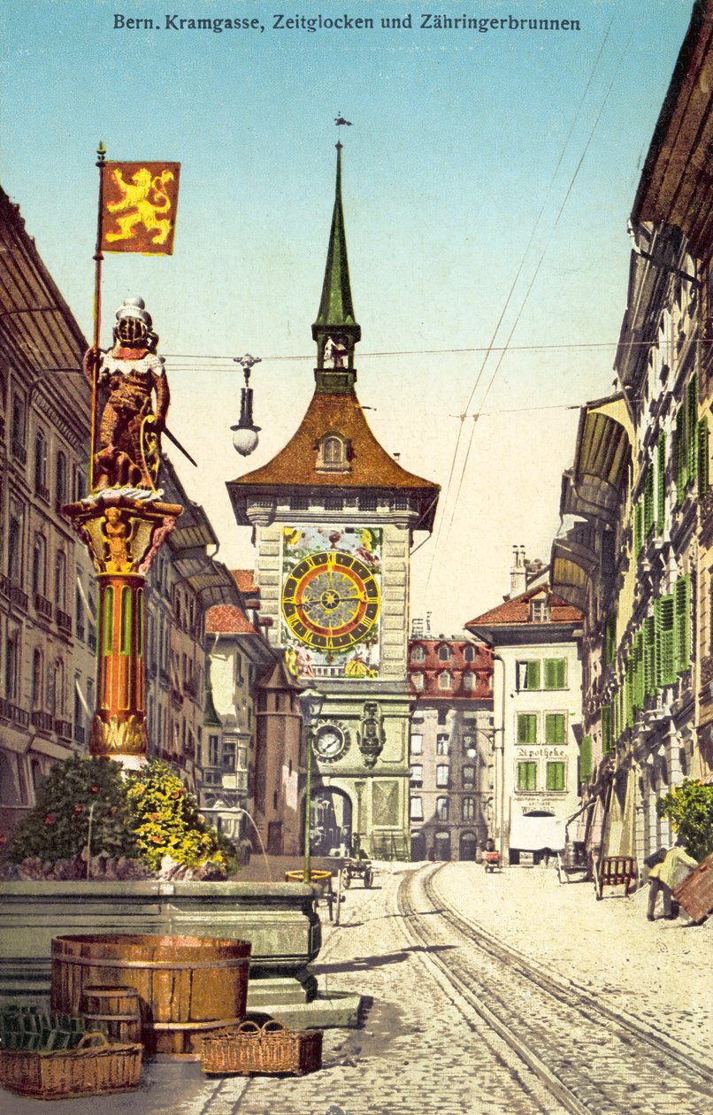 La torre del reloj Zytglogge y la fuente Zahringerbrunnen, Kramgasse, Berna, Suiza (foto en color) de Photographer Swiss