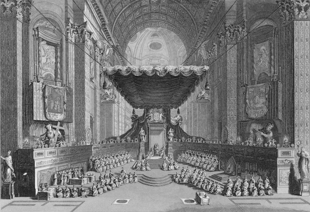 Canonización de Santos en la Iglesia de San Pedro en Roma, en 1712, grabado por T. Brown, de 