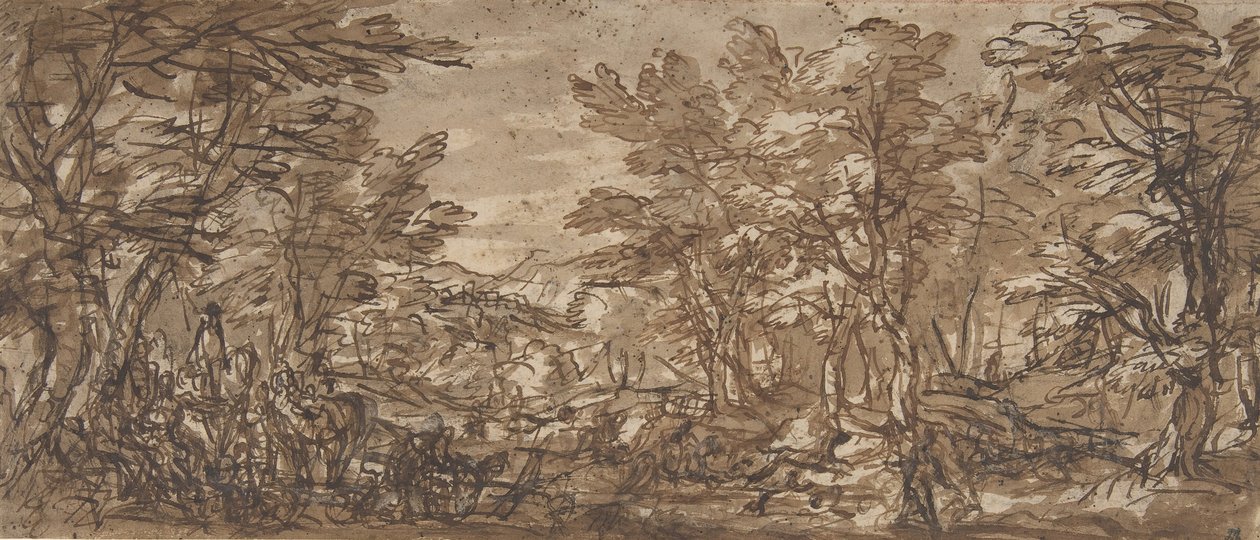 Escena forestal, una parada a la izquierda, una caza en el centro, 1612-66 de Pier Francesco Mola