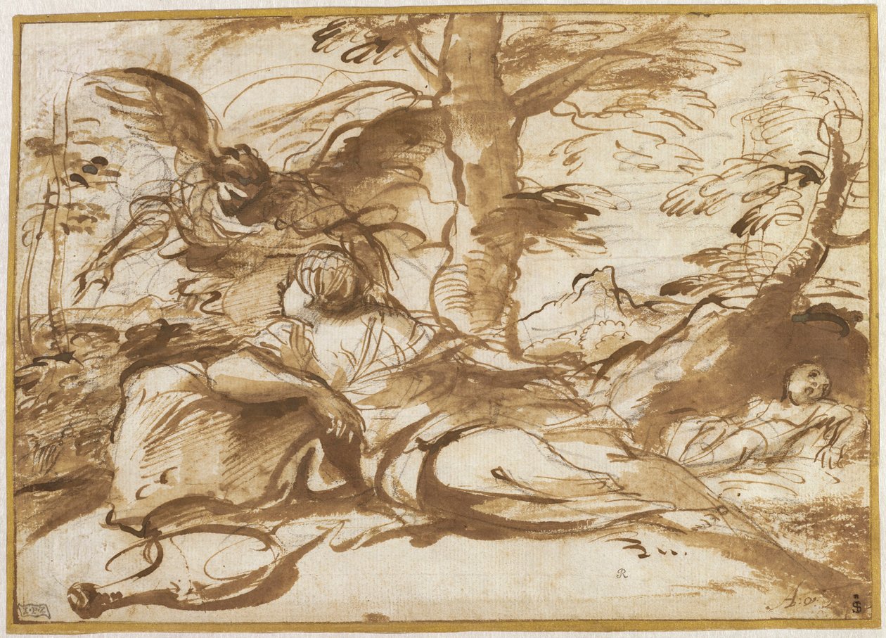 El ángel se aparece a Agar en el desierto (recto), c.1660 (tinta y dibujo) de Pier Francesco Mola