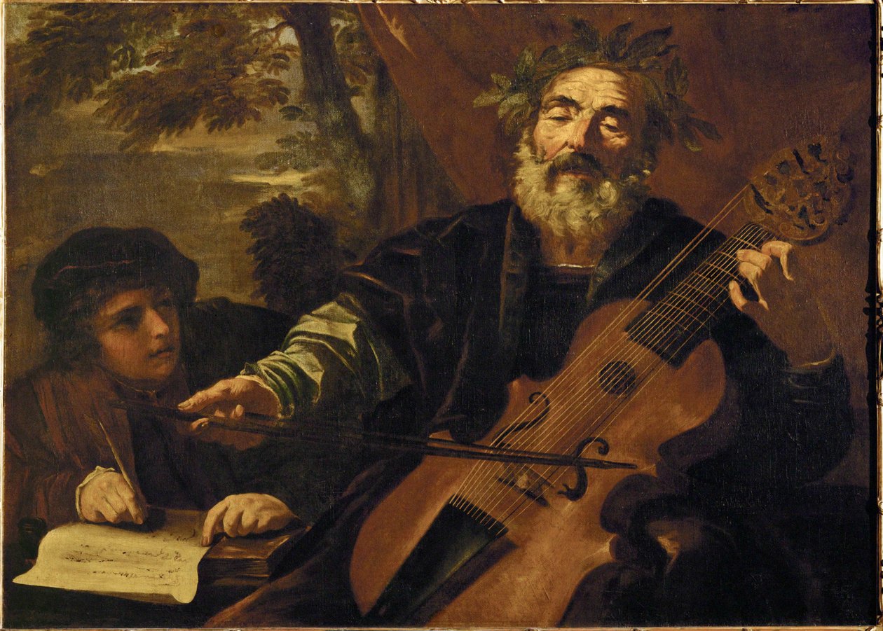 El poeta Homero, con una lyra da gamba, instrumento utilizado para acompañar las baladas en la (pintura sobre lienzo) de Pier Francesco Mola