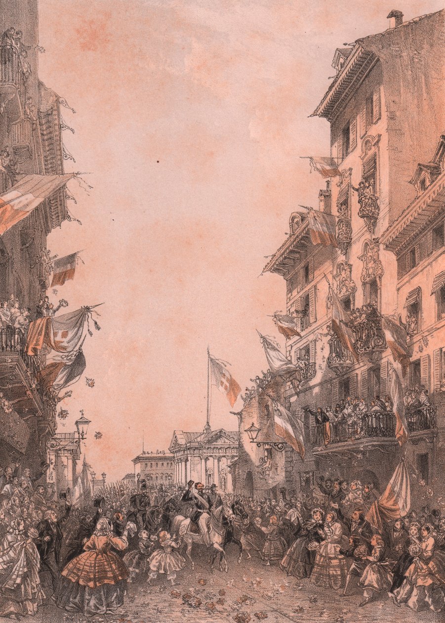 Entrada del Rey Vittorio Emanuele II en Brescia, Lombardía de Blaise Nicolas Le Sueur
