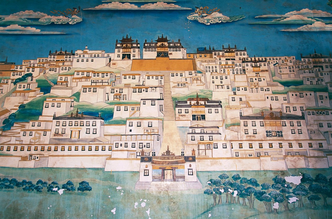 Fresco que representa la ciudad en el Monasterio Ganden Sumtsenling (gompa), Zhongdian (en tibetano Gyalthang, renombrado en 2001 a Shangri-La por el gobierno chino para promover el turismo en esta área de la meseta alta tibetana), Provincia de Yunnan, Chi de Blaise Nicolas Le Sueur