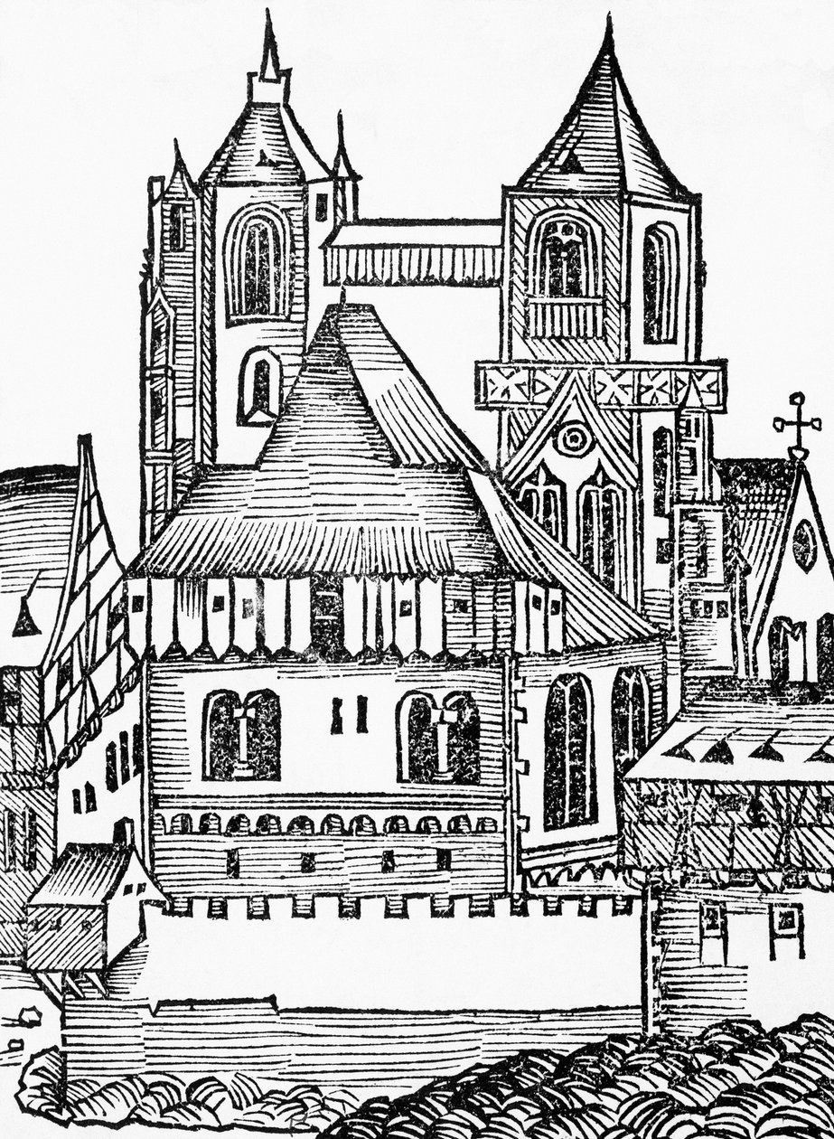 Abadía de Montecassino, xilografía alemana, de la Crónica de Núremberg (Liber Chronicarum) de Hartmann Schedel de Blaise Nicolas Le Sueur