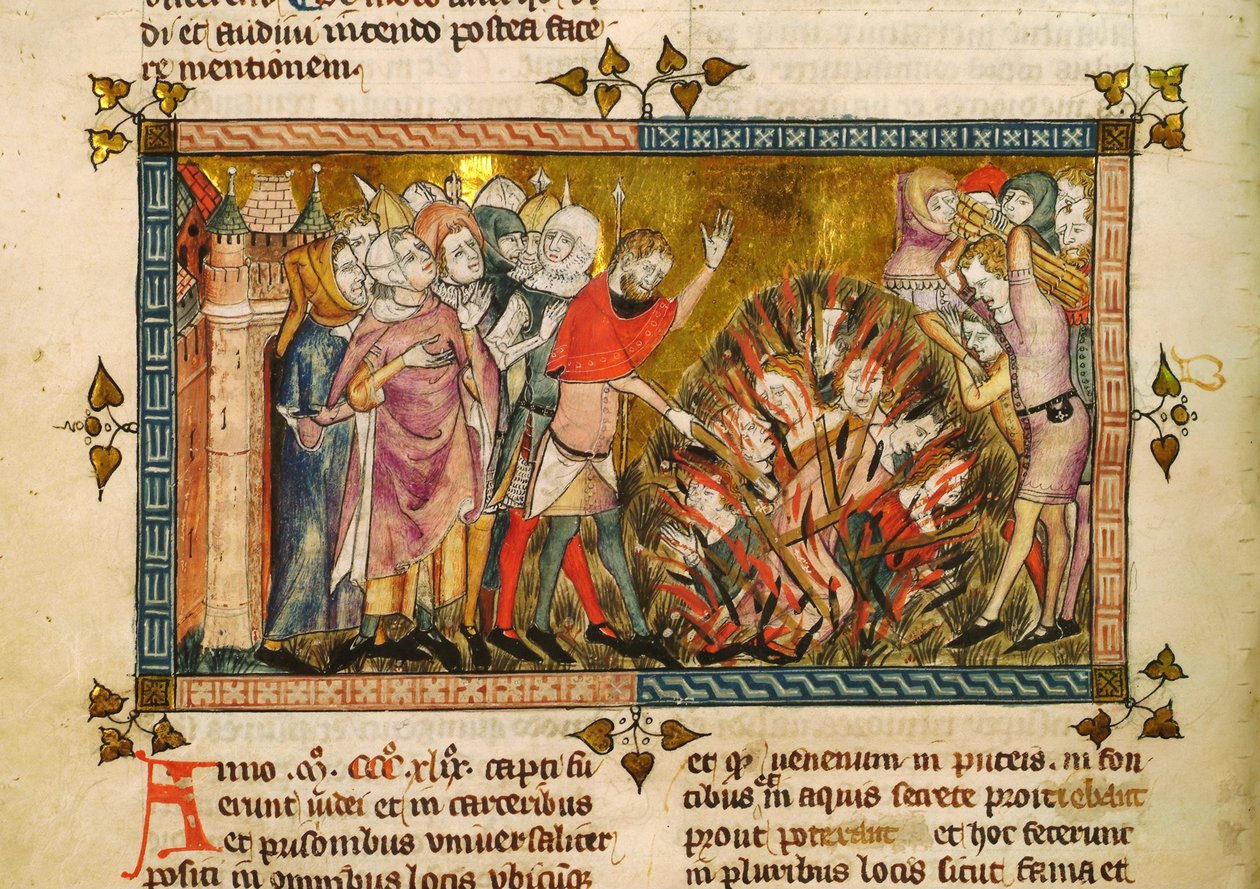 Quema de los Judíos en 1349. Miniatura de: Tractatus quartus por Gilles de Muisit de Pierart dou Tielt