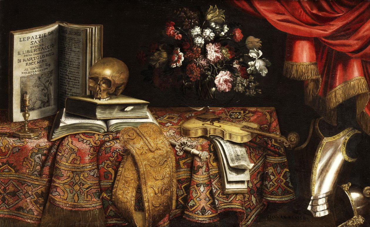 Vanitas con violín, libro de partituras, jarrón de flores y calavera de Pierfrancesco Cittadini