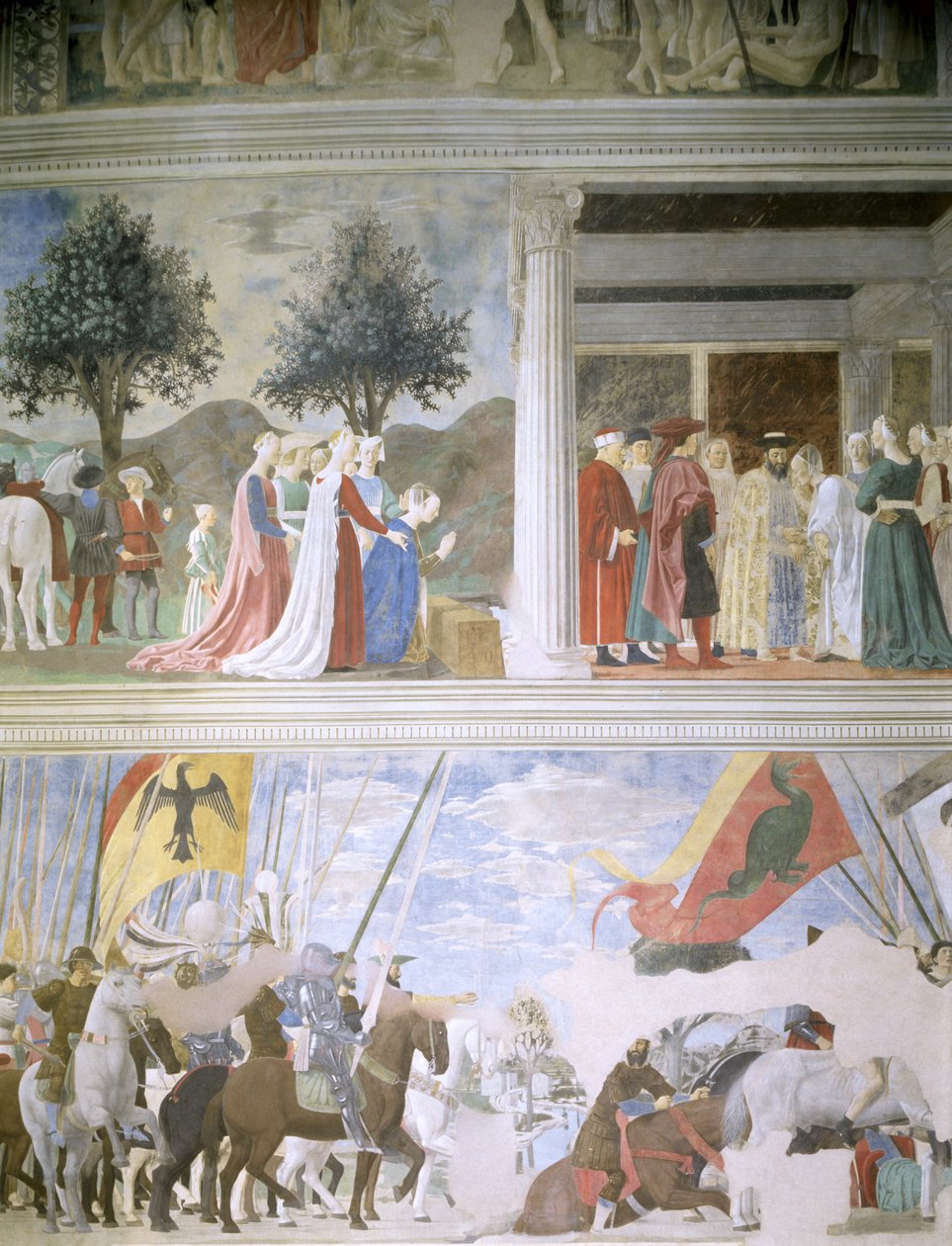 La Reina de Saba Adorando la Madera de la Verdadera Cruz, La Recepción de la Reina de Saba por el Rey Salomón (c.1015-977) y La Batalla del Puente Milvio, del ciclo de la Leyenda de la Verdadera Cruz, c de Piero della Francesca