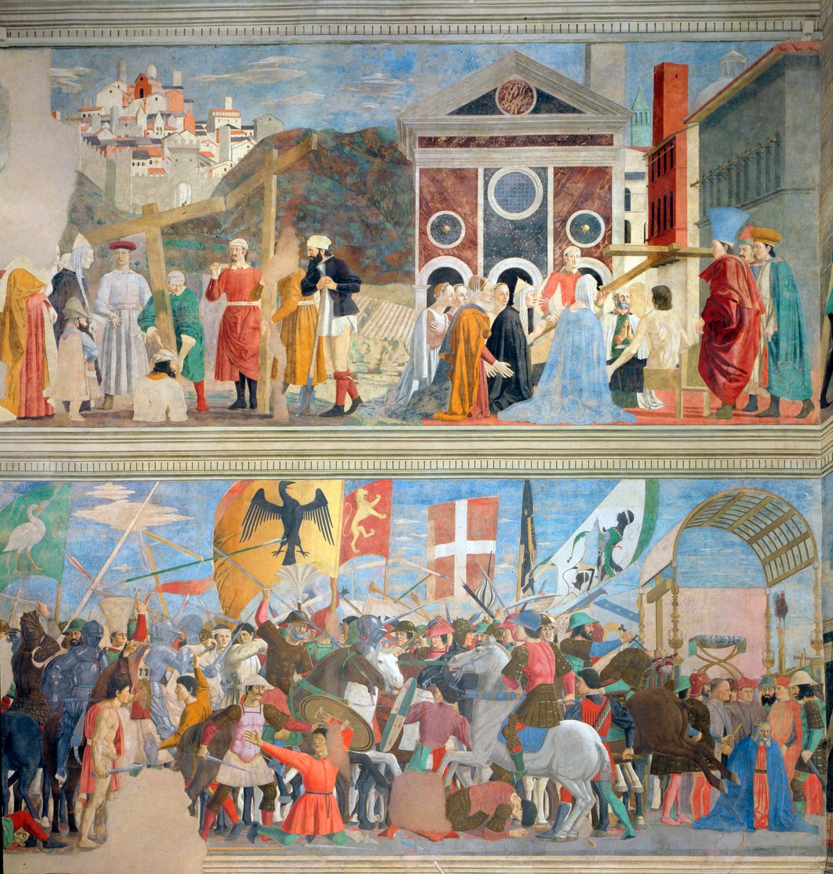 La Verificación de la Verdadera Cruz, La Victoria de Heraclio y la Ejecución de Cosroes en 628 d.C., del ciclo de la Leyenda de la Verdadera Cruz, completado en 1464 (post-restauración) de Piero della Francesca