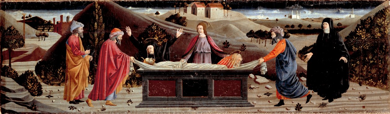 Políptico de la Misericordia: alrededor del cuerpo de Jesucristo: San Juan, la Virgen María, Santa María Magdalena, San José de Arimatea y San Nicodema de Piero della (school of) Francesca